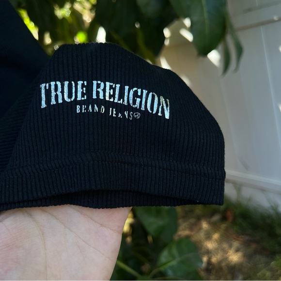 True Religion black ribbed tank top with a silver logo on the bottom. - Picture 2 of 4